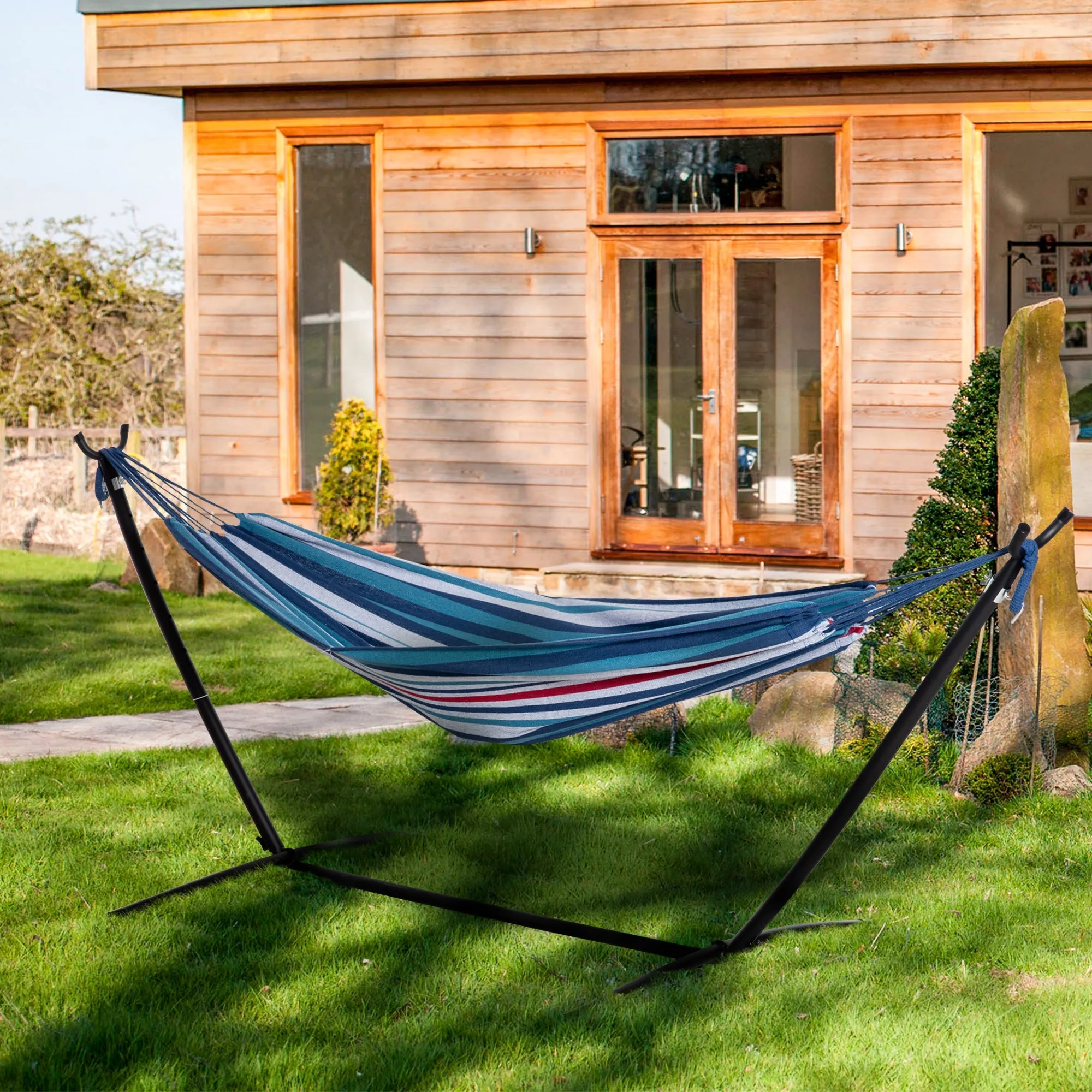 298 x 117cm Hammock with Stand Camping Hammock with Portable Carrying Bag Adjustable Height 120kg Load Capacity White Stripe