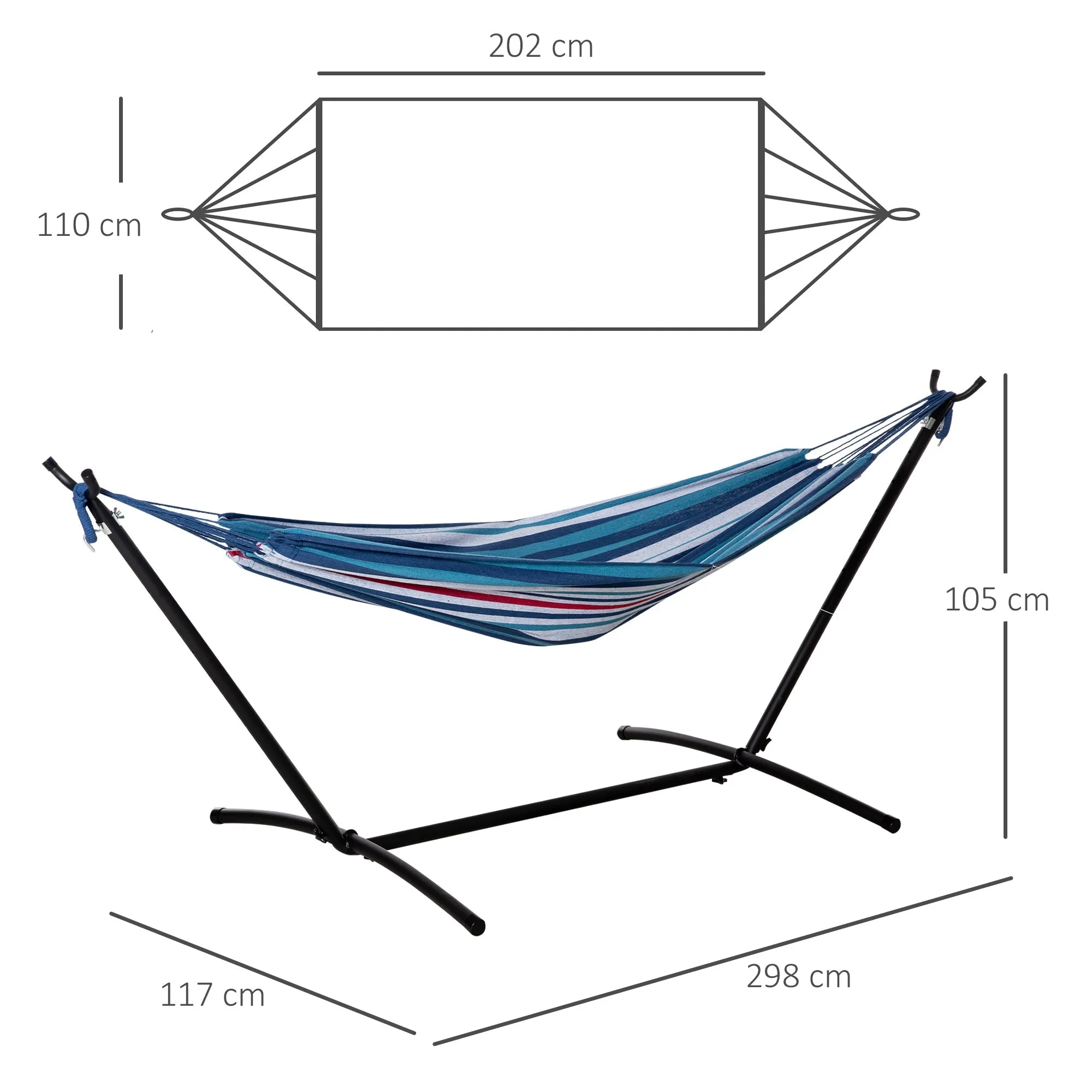 298 x 117cm Hammock with Stand Camping Hammock with Portable Carrying Bag Adjustable Height 120kg Load Capacity White Stripe