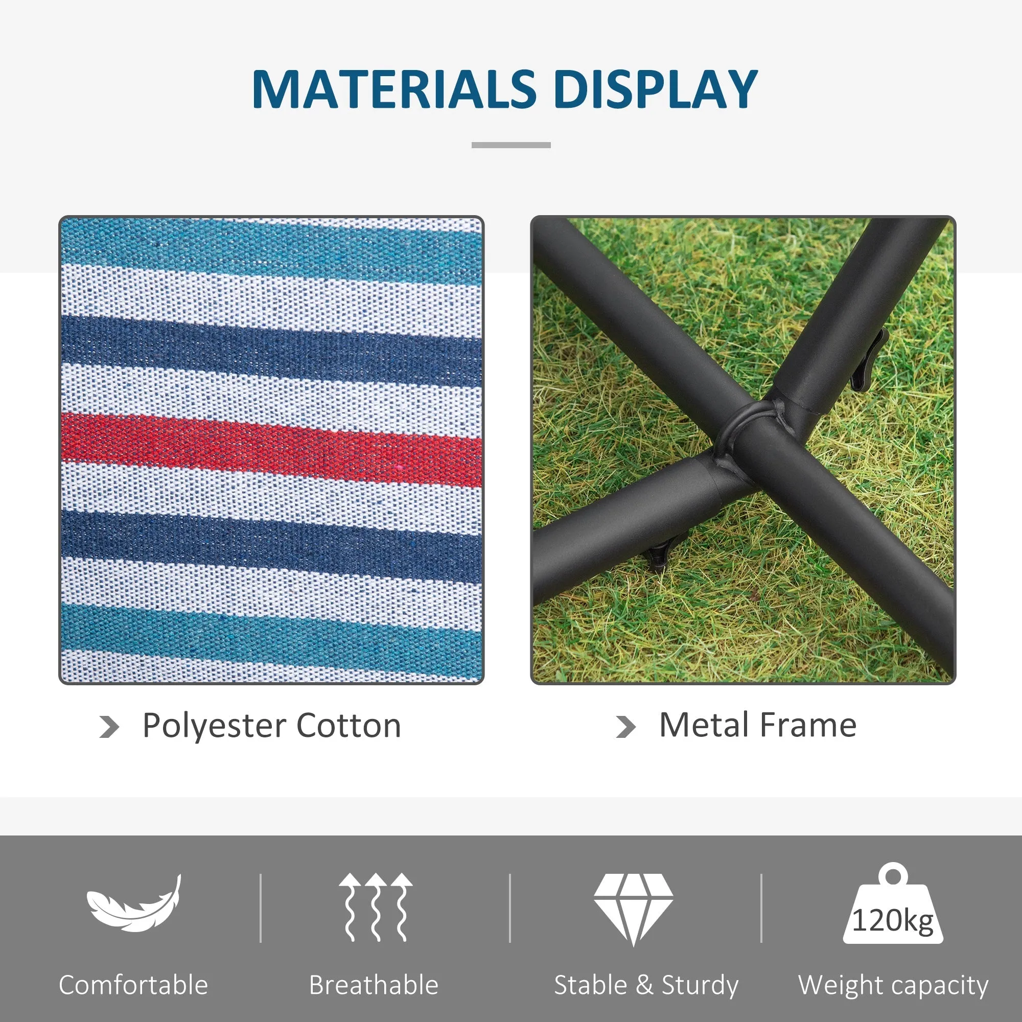 298 x 117cm Hammock with Stand Camping Hammock with Portable Carrying Bag Adjustable Height 120kg Load Capacity White Stripe