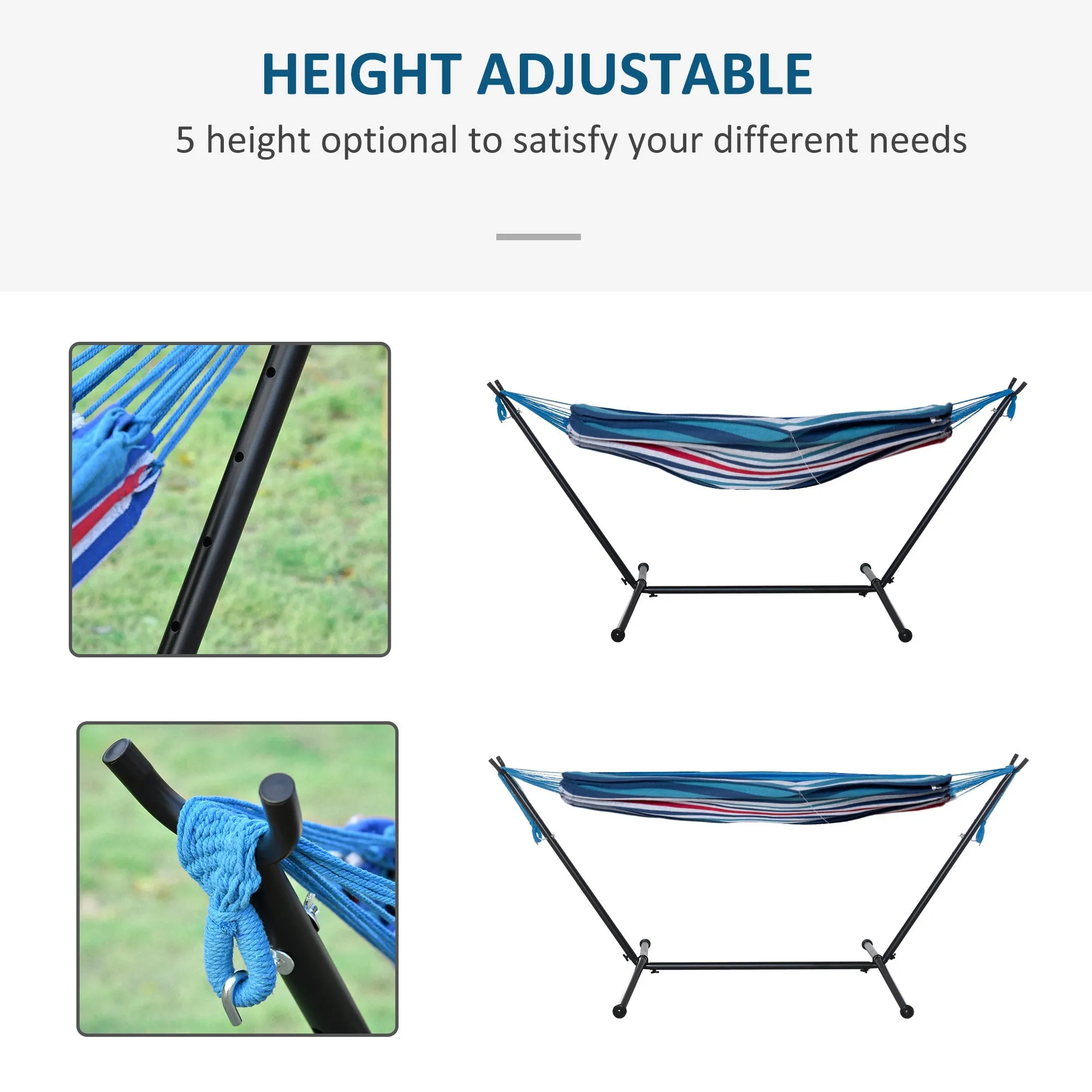 298 x 117cm Hammock with Stand Camping Hammock with Portable Carrying Bag Adjustable Height 120kg Load Capacity White Stripe