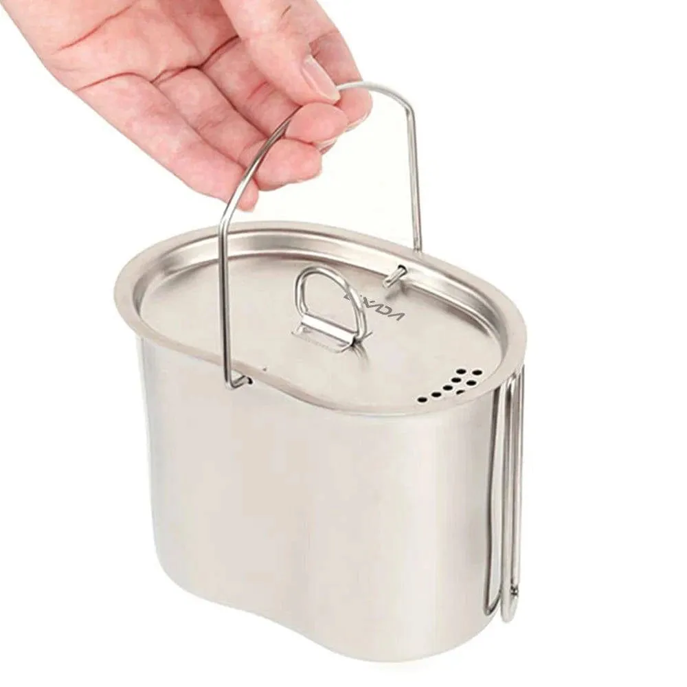 Camping Cookware Stainless Steel Canteen Cup Hanging Pot with Wood Stove Set for Outdoor Survival Backpacking Hiking Picnic