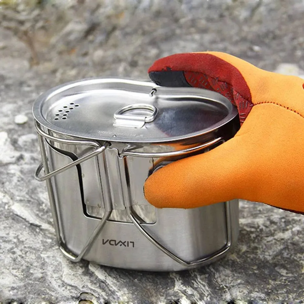 Camping Cookware Stainless Steel Canteen Cup Hanging Pot with Wood Stove Set for Outdoor Survival Backpacking Hiking Picnic