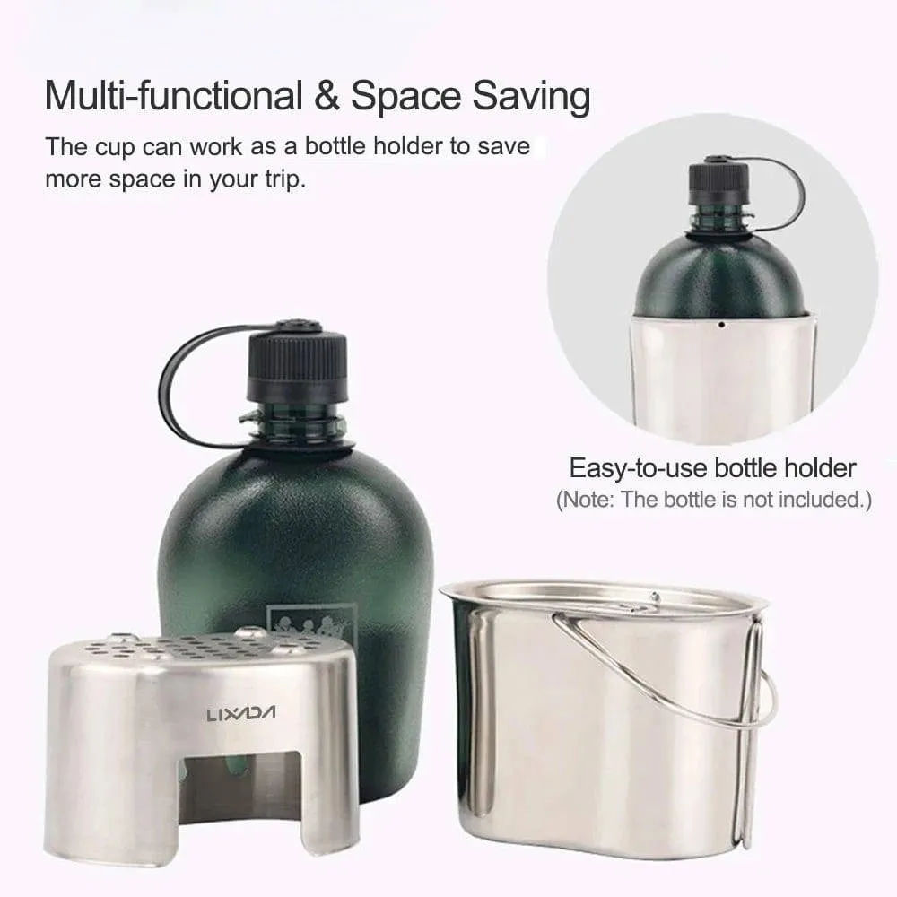 Camping Cookware Stainless Steel Canteen Cup Hanging Pot with Wood Stove Set for Outdoor Survival Backpacking Hiking Picnic