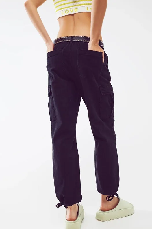 Cargo Pants With Tassel Ends In Black
