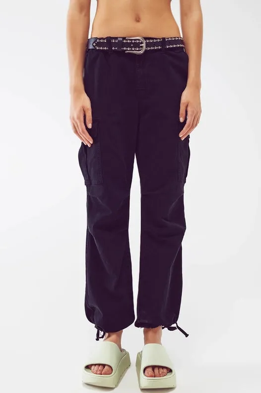 Cargo Pants With Tassel Ends In Black