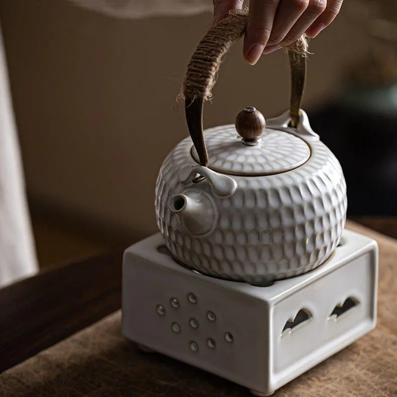 Handcrafted Ceramic White Dimpled Boiler With Candle Stove