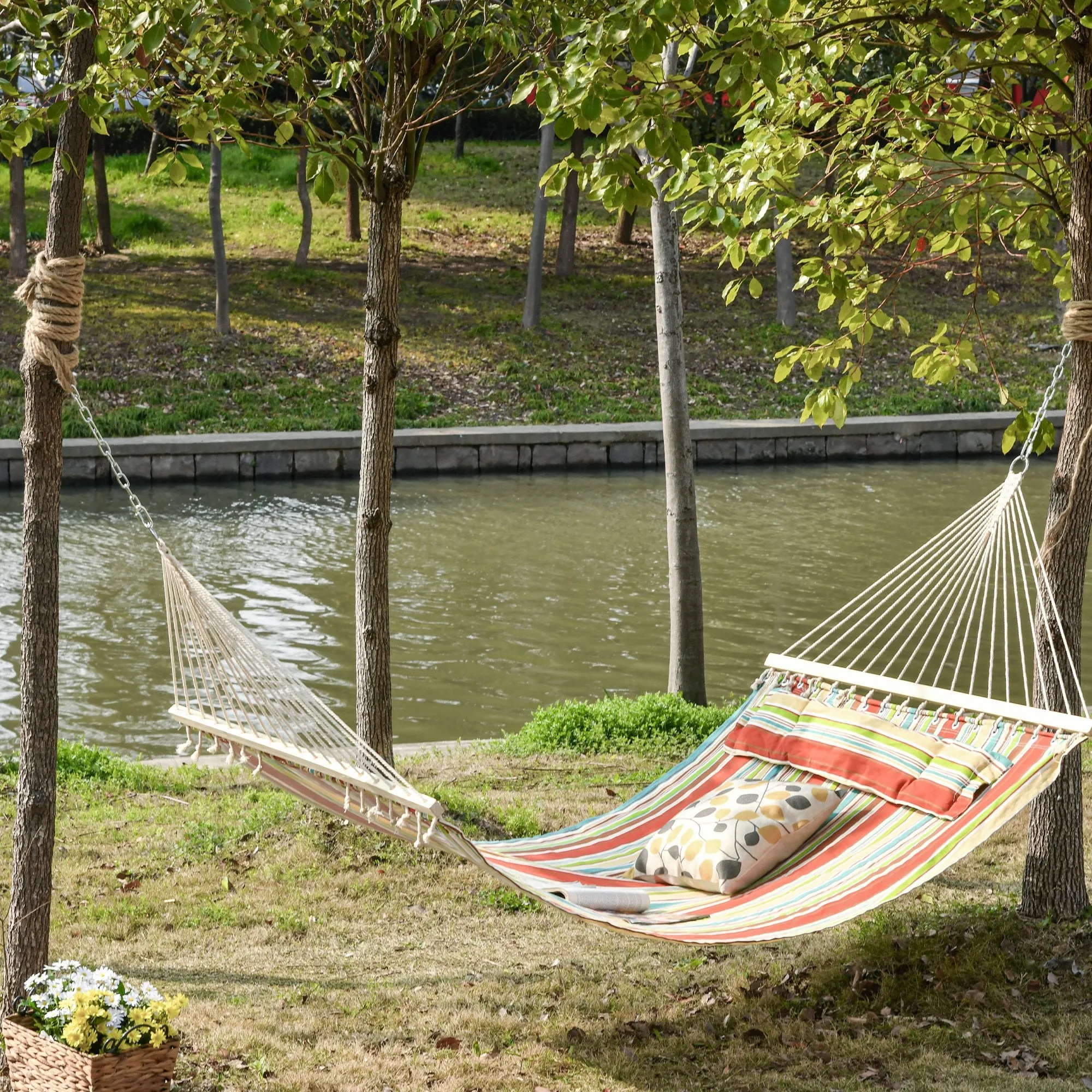 Outsunny Portable Cotton Double Hammock Bed with Pillow - Green