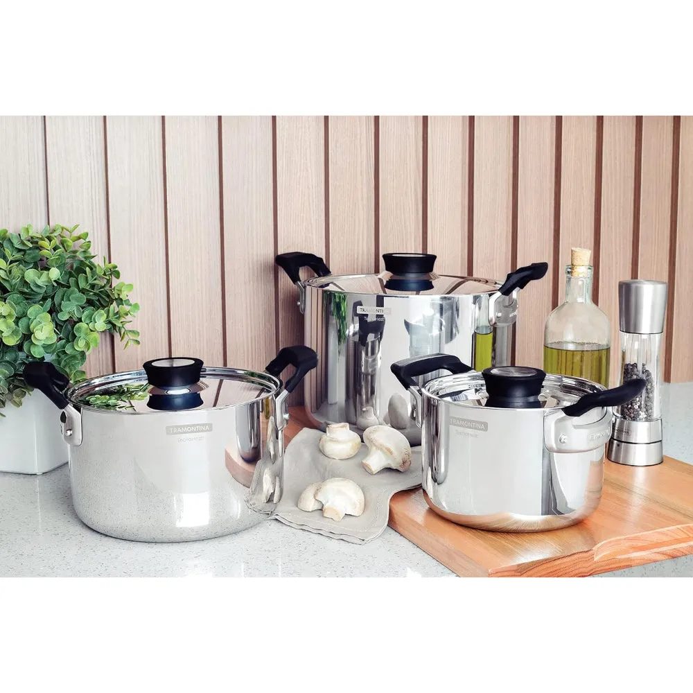 Tramontina Brazil  Grano Compact 6 Pieces Stainless Steel Cookware Set with Tri-ply Body and Bakelite Handles